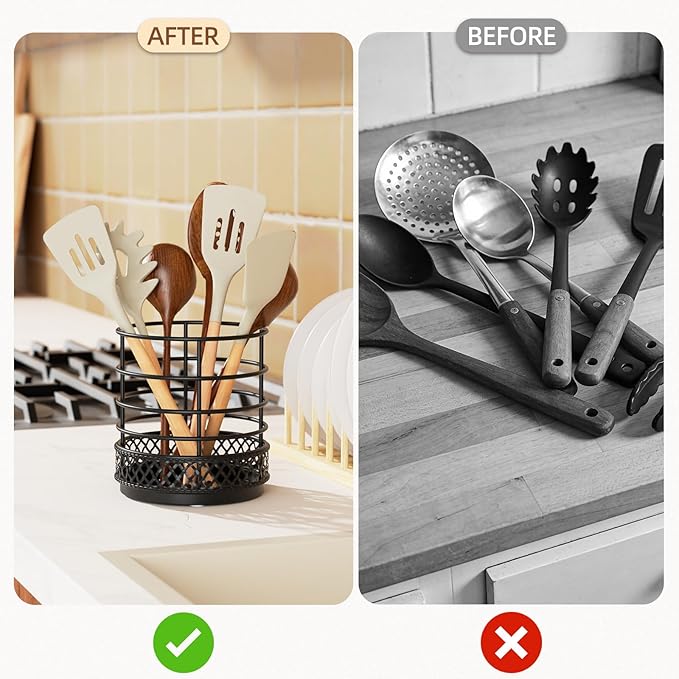Metal Kitchen Utensil Holder for Kitchen Counter-5.43 x 5.98 inch, Black Utensil Crock for Spatula, Spoon, Fork & Knife, Rustproof Organizer