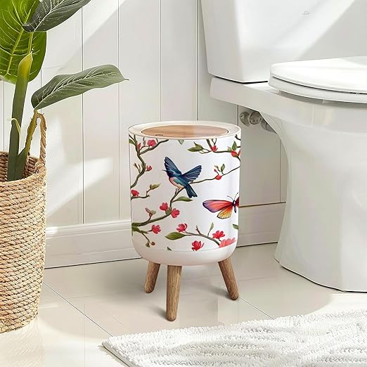 Trash Can with Lid Seamless floral pattern hand drawn hummingbirds tropical japanese Press Top Round Small Garbage Bin with Wooden Legs Waste Basket for Kitchen Bedroom Nursery 7L/1.8 Gallon