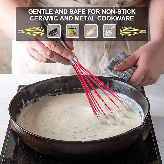 HOTEC 4 Pieces Silicone Whisks Set, Wire Balloon Whisks for cooking Egg Beater, Non-slip Handle Whisk for Non-stick Cookware Perfect for Cooking, Stirring, Beating and Blending (Multicolor)