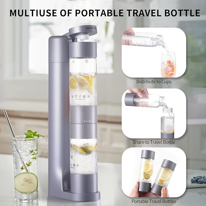 Sparkling Water Machine Soda Maker Beverage Drink Dispenser for Home, Soda Streaming with 1L BPA Free Bottle, 2 Portable Bottle for travel, Seltzer & Carbonator Srew-in 60L CO2 (NOT Included), Grey