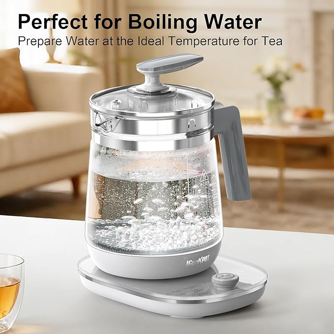 1200w Electric Kettle, 1.5L Borosilicate Glass tea kettle, Hot water kettle electric for Coffee or Tea, BPA Free, Auto Shut-Off, Stainless Steel, Fast Boil, White