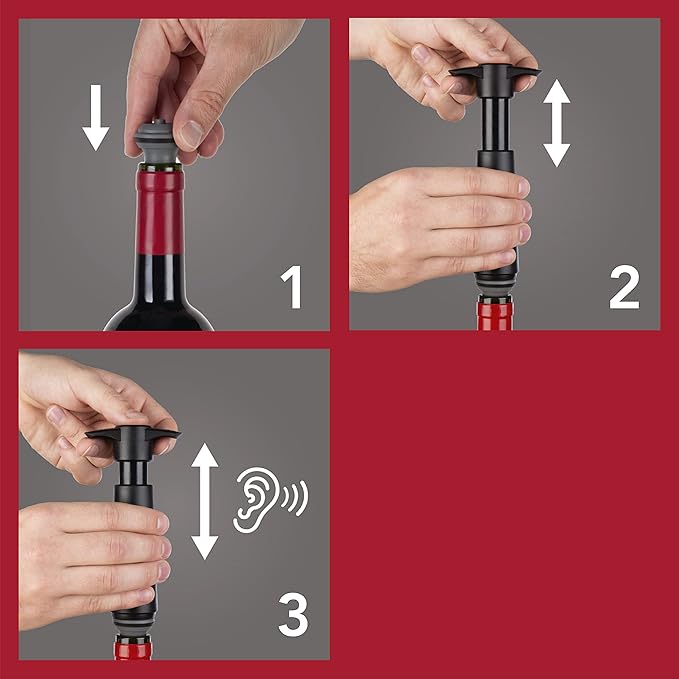 Vacu Vin Wine Saver Pump Red with Vacuum Wine Stopper - Keep Your Wine Fresh for up to 10 Days - 1 Pump 2 Stoppers - Reusable - Made in the Netherlands