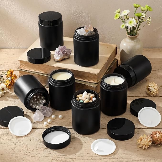 Domensi 24 Pcs Bulk 6oz Glass Jars with Lids Leakproof Round Airtight Empty Cosmetic Jars with Inner Liners Lid for Storing Lotions Spices Ointments Food Storage (Frosted Black)