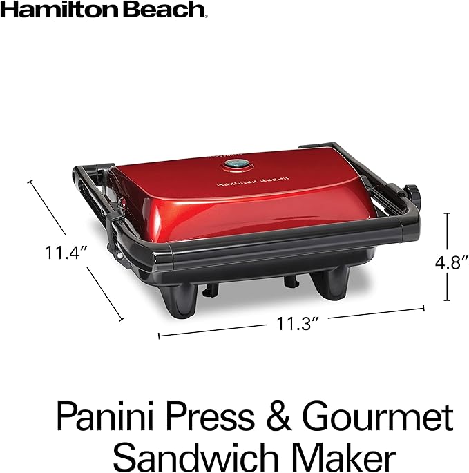Hamilton Beach Panini Press Sandwich Maker & Electric Indoor Grill with Locking Lid, Opens Wide to Fit Any Thickness for Quesadillas, Burgers & More, Nonstick 8" x 10" Grids, Red (25462Z)