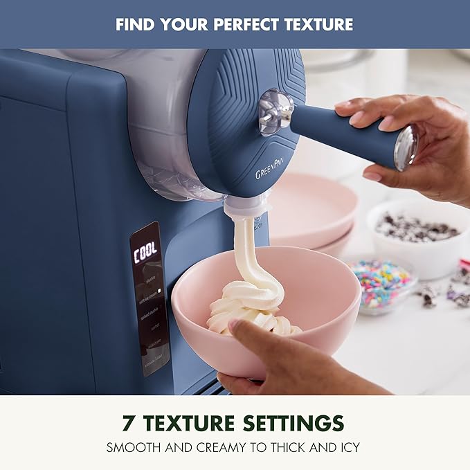 GreenPan Frost Ice Cream Maker & Slushie Machine, Soft Serve, Sorbet, Margaritas, Milkshakes, Frozen Yogurt, No Pre-Freezing, Ready in 15 Mins, 6 Modes, 7 Textures, Self-Cleaning, Family Size, Blue