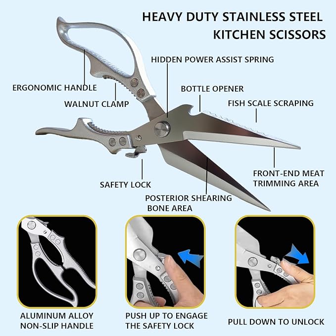 Poultry Shears Heavy Duty kitchen Scissors,Kitchen Shears For Food,Vegetable Peelers For Kitchen,Meat Scissors With Anti Slip Handle And Safety Lock,For Cutting Chicken,Fish,Vegetable