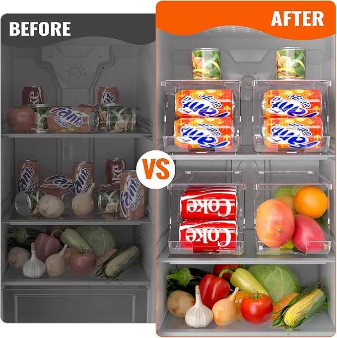 SCAVATA 4 Pack Soda Can Organizer for Refrigerator, Stackable Canned Food Pop Cans Container Can Holder Dispenser with Lid for Fridge Rack Freezer, Clear Storage Bins-Holds 12 Cans Each (Transparent)