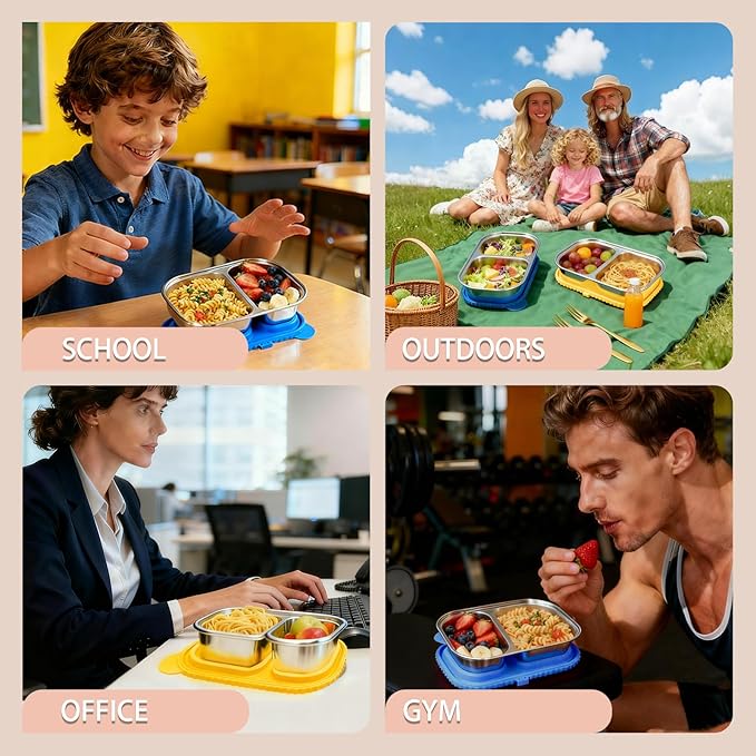 Stainless Steel Snack Containers with Silicone Lids - 2 Compartment Metal Bento Lunch Box, Leak-Proof Reusable Lunch Meal Prep Containers with 2 Forks for School, Office, Travel (Blue+Yellow, 2 Pack)