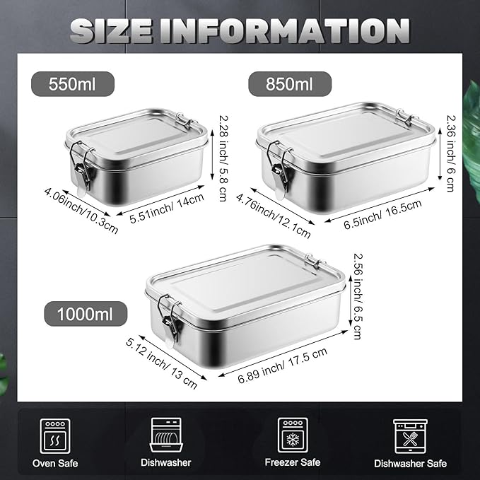Umigy 3 Pcs Stainless Steel Food Containers 550/850/1000ml Metal Bento Lunch Box Stainless Steel Food Storage Containers, Lockable Clips to Leak Proof, Reusable Dishwasher Snack Boxes for Work