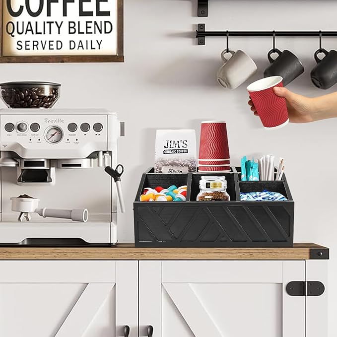 ugiftt Coffee Station Organizer for Counter, Wood Coffee Pods Holder Storage Basket, Tea Condiment Storage Organizer, Rustic Bar Decor for Accessories Organizer