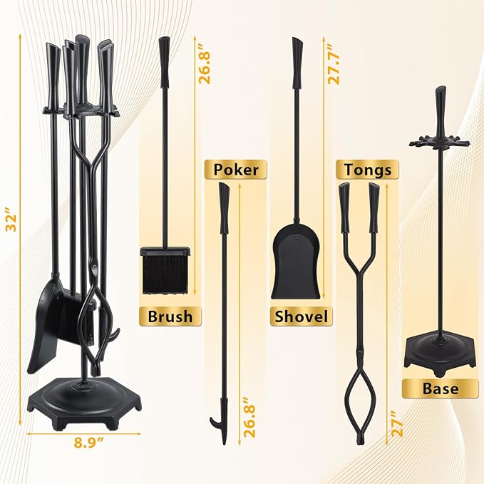 FEED GARDEN Fireplace Tools Set 5 Pieces Modern 32 Inch Outdoor Wrought Iron Fireplace Accessories Set with Log Holder Poker, Tong, Shovel, Brush, Base, Black