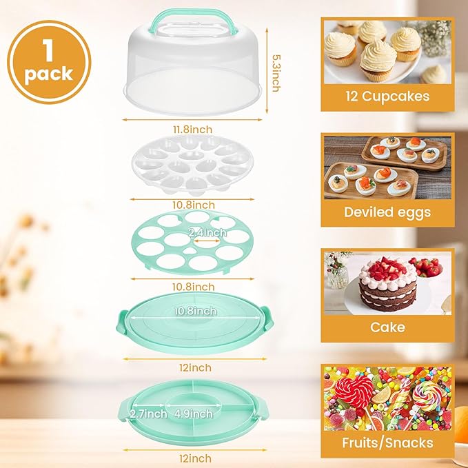 HANSGO Cake Carrier with Lid and Handle, Extra Deviled Egg Containers, Cake Holder for 10 inch Cakes with 2 Handles, 11 Capacity Cupcake Carrier, Two Sided Base for Nuts, Fruits, Muffins, Pies, Pizza