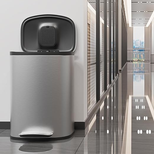 13 Gallon/50L Trash Can with Foot Pedal, Stainless Steel Garbage Can with Soft-Close Lid, Garbage Bin Exquisite Oval Shape Cover Hands-Free for Kitchen, Bathroom, Office