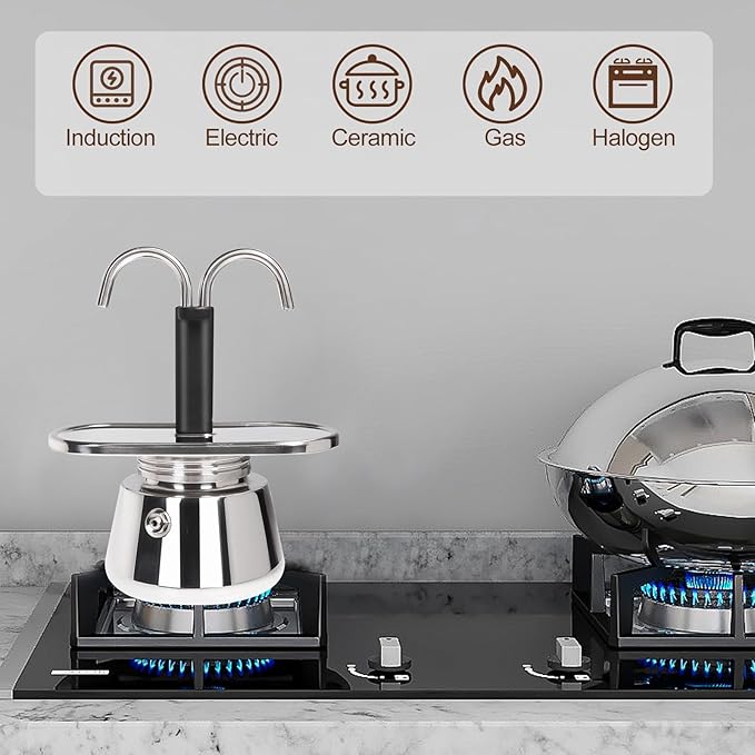 2 Cup Dual Pipe Moka Pot Stainless Steel Stovetop Espresso Maker Cafeteras Italian Percolator Espress Makers Capable Greca Mocha Coffee Machine for Induction Home 150ml 5.1oz