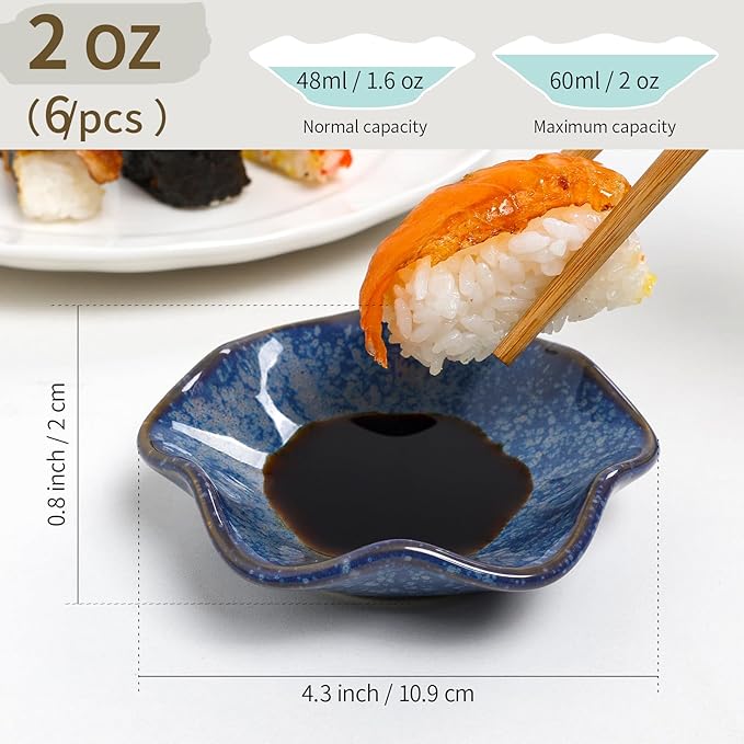 Dipping Bowls Set of 6, Ceramic Soy Sauce Dishes, 2 oz Dipping Sauce Cups, chrysanthemum Round Small Side Dish Dishes for Dipping Sushi Tomato Soy Sauce Dish