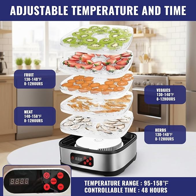 Food Dehydrator Machine, Stainless Steel Dehydrater for Fruit Herb,5 Stackable Trays, Digital Adjustable Timer & Temperature Control, Dehydrator for Beef,Meat, Fruits, Mushroom, Dog Treats