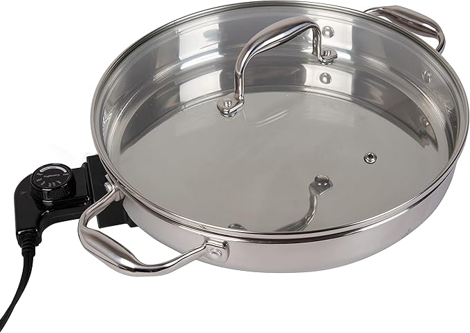Electric Skillet By Cucina Pro - 18/10 Stainless Steel Frying Pan with Tempered Glass Lid and Handles, 12" Round, Adjustable Temperature Control Knob, Portable and Includes Recipe Guide, Great Gift