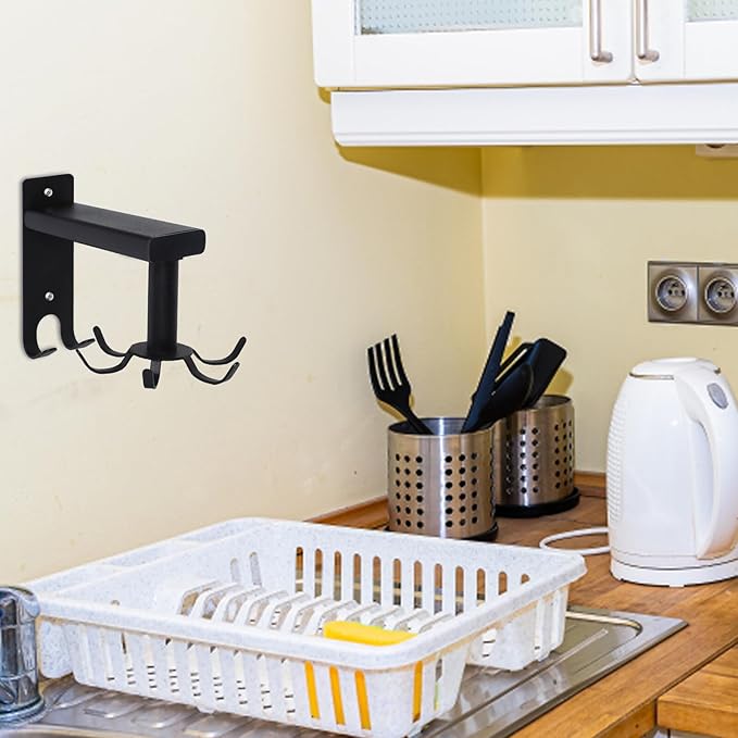 PRETYZOOM Wall Mounted Rotating Kitchen Utensil Hooks Rack, Black 6-Hook Organizer for Cooking Utensils, Space-Saving Hanging Holder for Kitchen and Bathroom Storage
