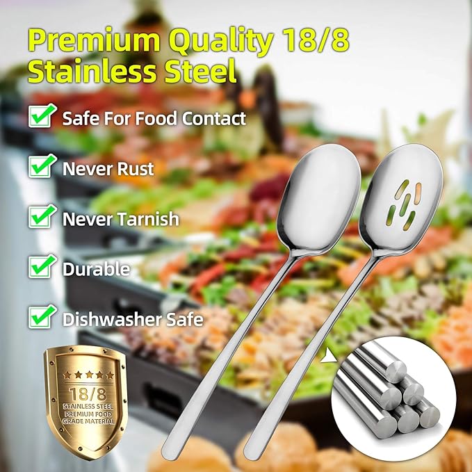 SOLEADER Extra Large Serving Spoons Set of 12,Foodgrade 18/8 12 Inch Stainless Steel Slotted Spoon and Serving Spoon,Buffet Serving Utensils,Spoons Silverware,Cooking Spoon,Pasta Spoon,Mixing Spoon