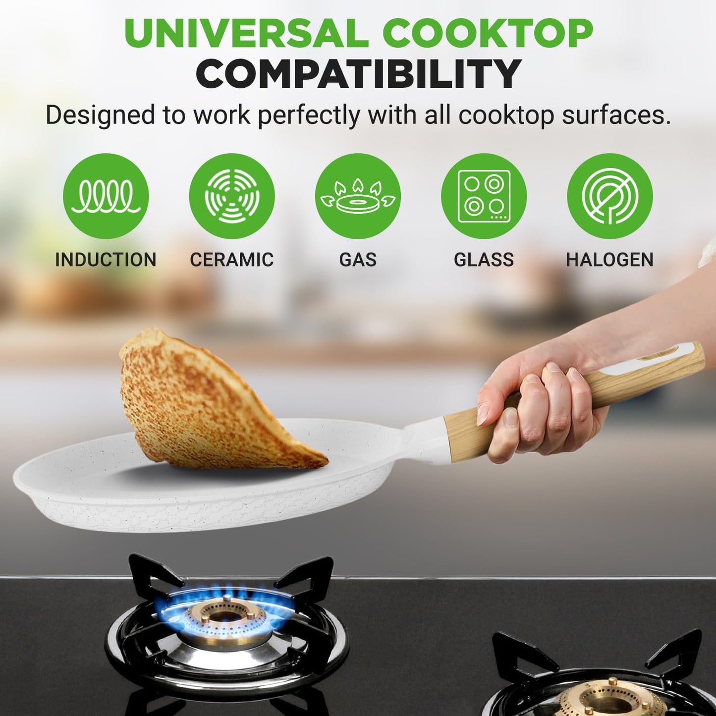 NutriChef 11” Non-Stick Crepe Pan with Wooden Spreader, Durable Marble Coated Dosa Pan, Bakelite And Wood Handle With Induction Bottom, Easy-to-Clean, Stain-Resistant (White Cream Marble)