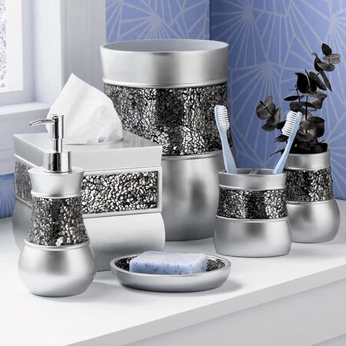 Creative Scents Crackled Glass Silver Small Bathroom Trash Can 2.06 Gal / 7.8L – Decorative Waste Basket for Bathroom, Powder Room or Bedroom - Durable Mini Wastebasket with Beautiful Crackled Glass