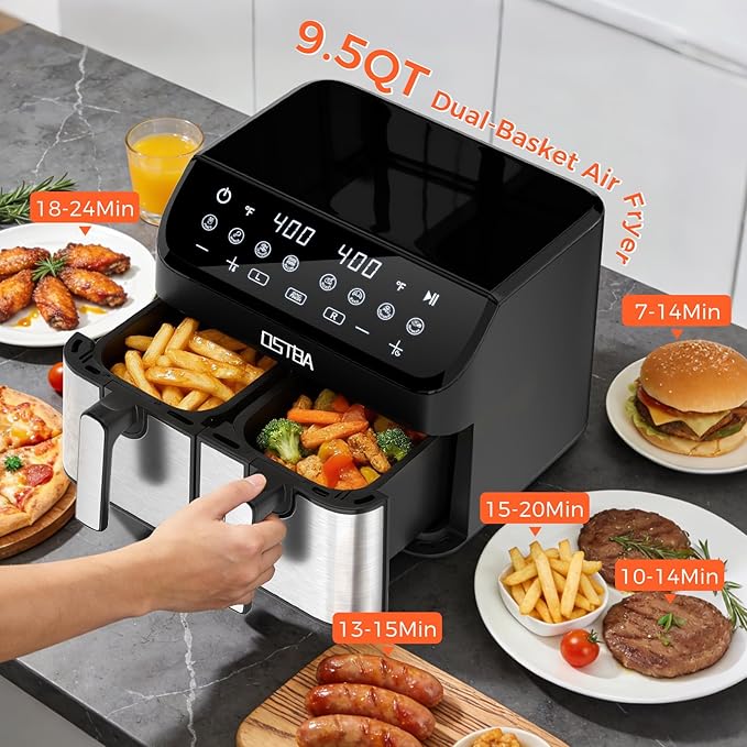OSTBA 9.5QT Double Air Fryer, 1700W Dual Air Fryer with 2 Independent 4.25QT Stainless Steel Baskets, Digital Touchscreen, Sync Finish, 8 Presets, Auto Shutoff, Nonstick Dishwasher Safe
