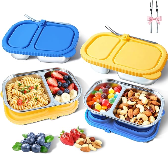 Stainless Steel Snack Containers with Silicone Lids - 2 Compartment Metal Bento Lunch Box, Leak-Proof Reusable Lunch Meal Prep Containers with 2 Forks for School, Office, Travel (Blue+Yellow, 2 Pack)