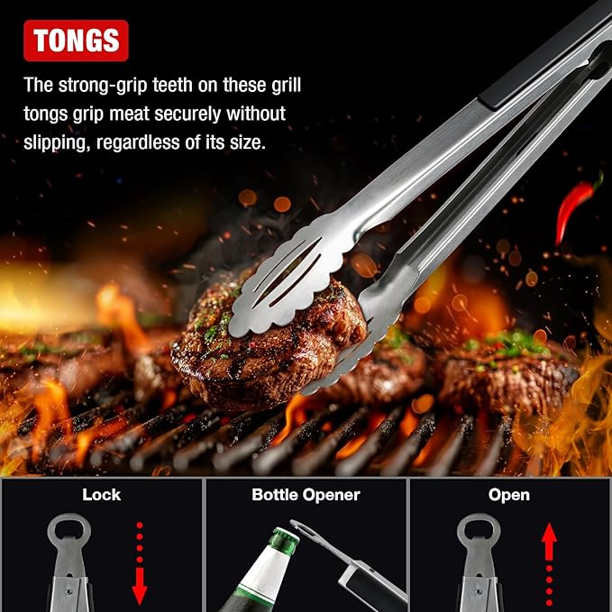 BBQ Grill Tools Set - Premium Stainless Steel Spatula, Tongs & Fork for Outdoor Cooking - Grilling Accessories Kit Gift for Men/Women, Dad, Grilling Lovers