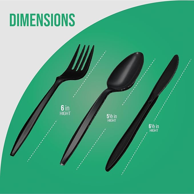 1,000 Plastic Disposable Cutlery Bulk Variety Pack Black Medium Weight Includes 334 forks, 333 knives, 333 soup spoons, Disposable Silverware Plastic Cutlery