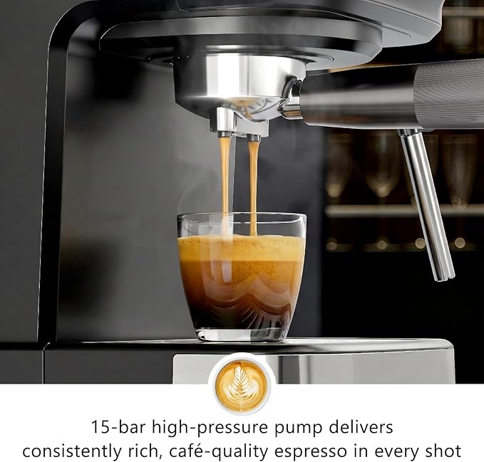 Kndko Espresso Machine, 15 Bar Digital Espresso Maker, Milk Frother Steam Wand for Latte & Cappuccino, Compact Coffee Machine, 1.5L Removable Water Tank, 2 cups dual-stainless steel filter