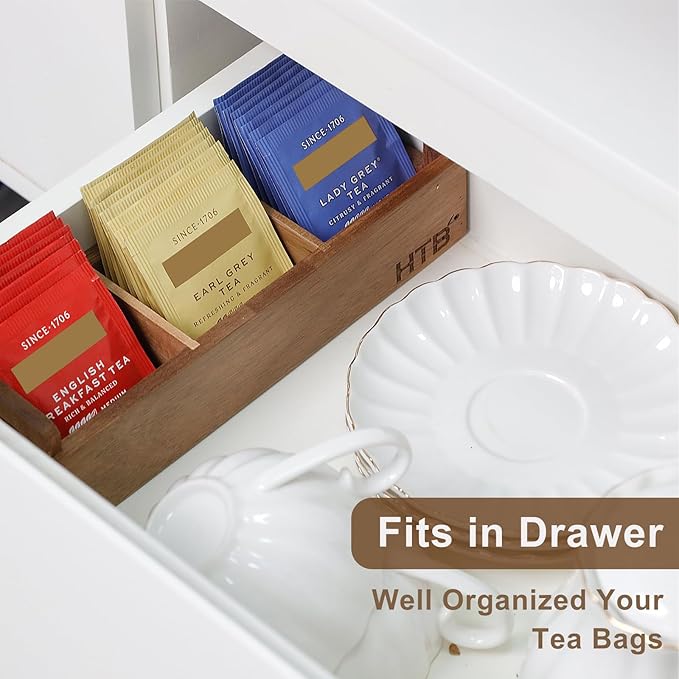 HTB Small Wooden Tea Bag Box 2PCS, 3 Compartments Acacia Wood Tea Bag Chest with Handle, Mini Countertop Divided Storage Container for Beverage Supplies, Sugar, Sweeteners, Individual Packets