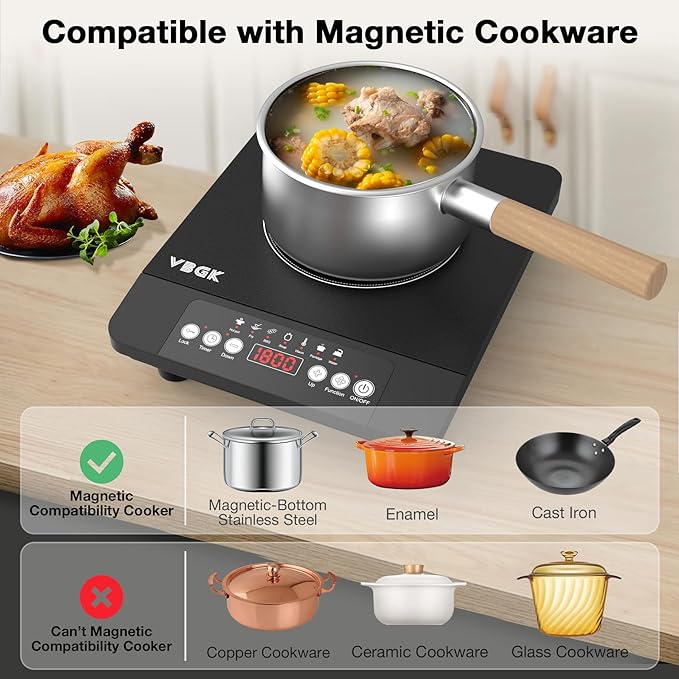 VBGK Single Burner Induction Cooktop,1800W Portable Induction Cooktop,110V Hot Plate with LCD Sensor Touch, 7 Temp Levels up to 518°F, Safety Lock, 4-Hour Timer, 9 Heat-Resistant Cooking
