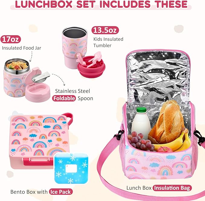 Pawtong Lunch Box Set with Bento Box Container, 17OZ Stainless Steel Food Soup Thermo, Kids Water Bottle & Portable Insulated Lunch Bag – Leakproof, Hot/Cold Retention for School, Travel(Pink-Rainbow)