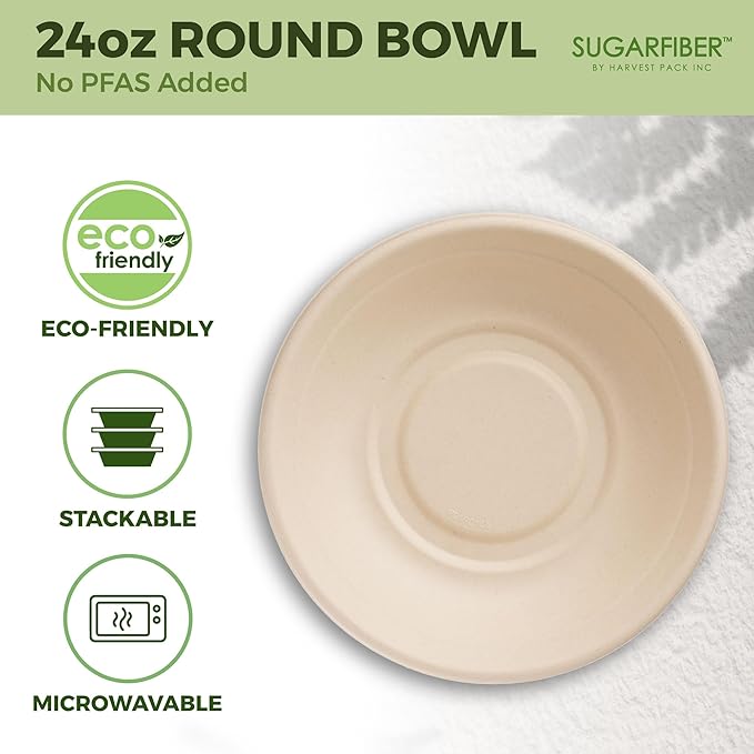 [500 COUNT]Sugarfiber by Harvest Pack PFAS FREE 24oz Round Soup Paper Bowls - Compostable Heavy-Duty Eco-Friendly Disposable Bagasse Bowl sugarcane made plant fibers for Meal Prep