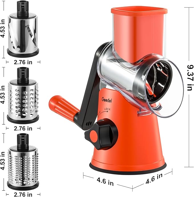 Geedel Rotary Cheese Grater, Kitchen Mandoline Vegetable Slicer with 3 Interchangeable Blades, Easy to Clean Rotary Grater Slicer for Fruit, Vegetables, Nuts