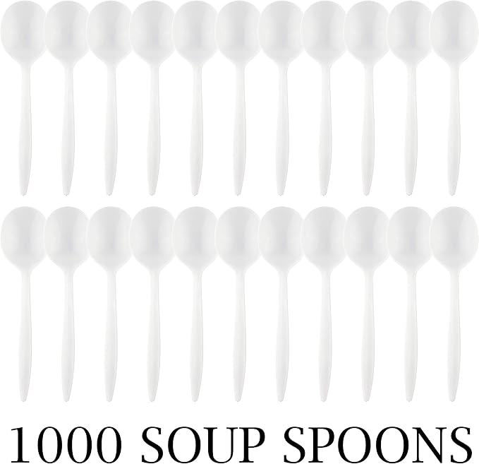 Plasticpro Cutlery Plastic Soup Spoons Medium Weight Disposable Silverware (White,1000 Soup Spoons)