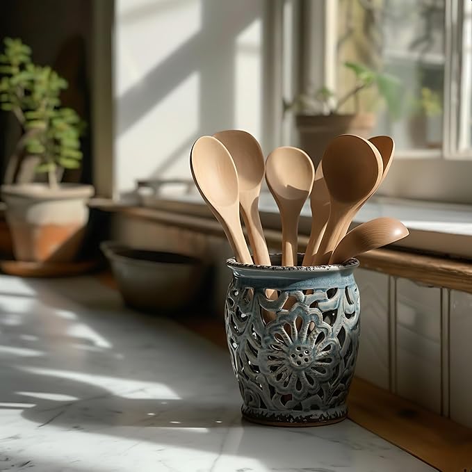Farmhouse Kitchen Utensil Holder for Kitchen Counter, Ceramic Large Cooking Utensil Crock with Cork Mat, Decorative Rustic Utensil Organizer for Countertop, Spatula, Grayish Blue