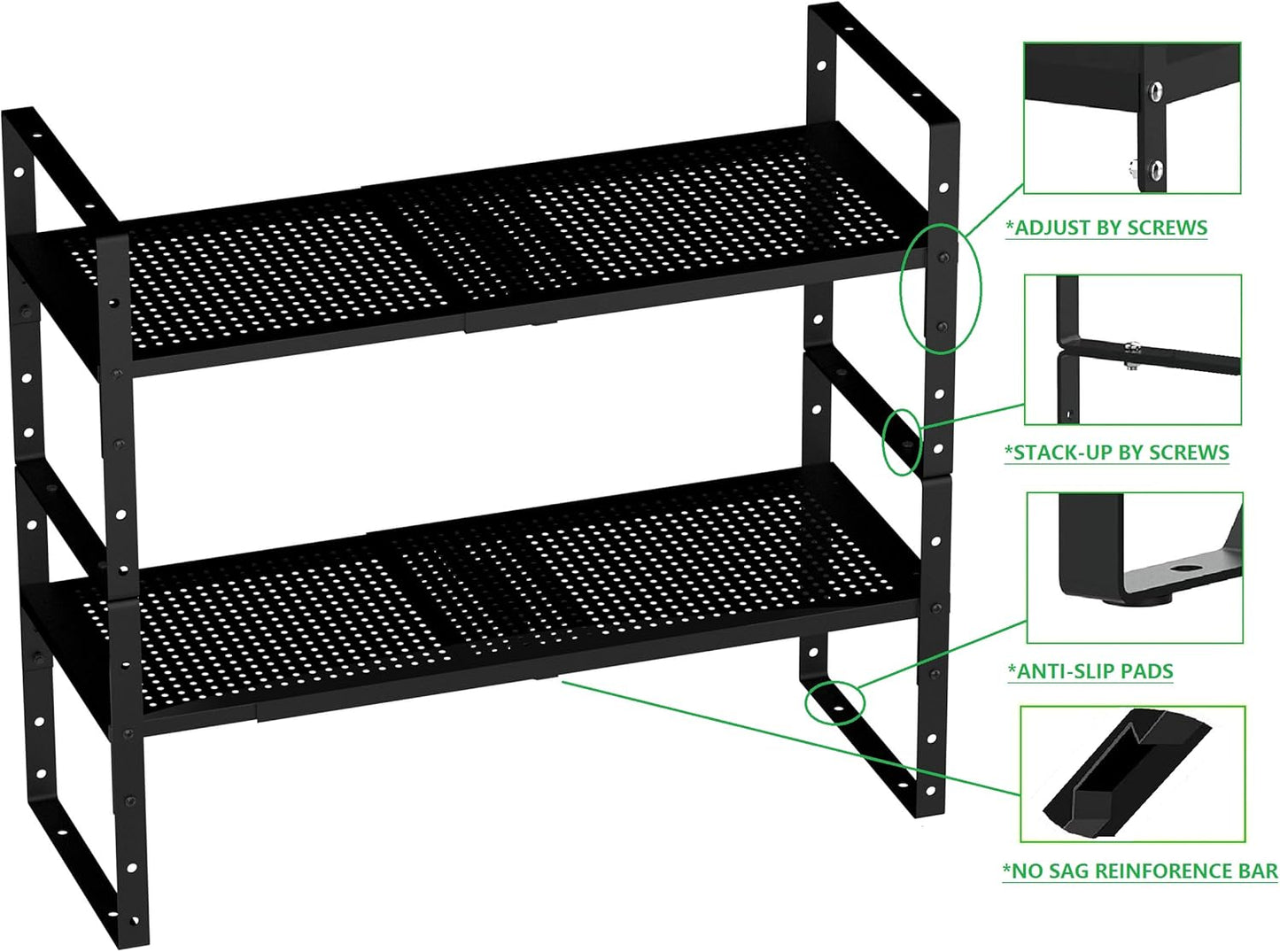 Expandable Shoe Rack Stackable Metal Pantry Storage Shelves Stand Adjustable Height Cabinet Shelf Organizer Racks Spice Shelving(2PACKS/BLACK,MEDIUM)