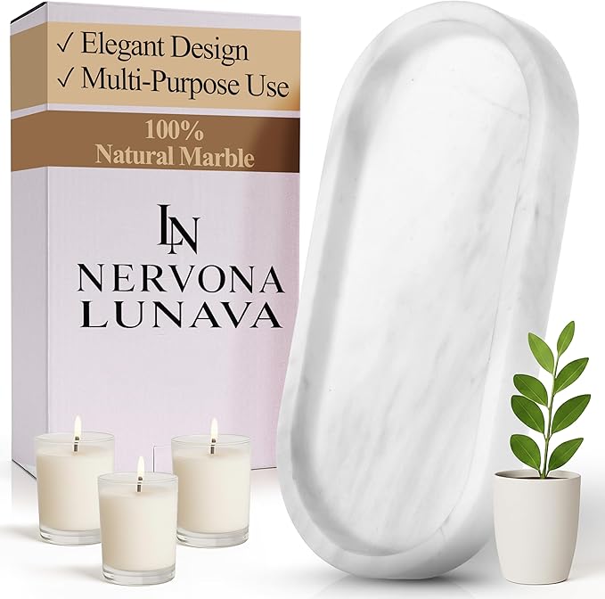 Lunava Real Natural Marble Tray for Bathroom Counter, Oval Natural Marble Tray for Kitchen Counter, Hand-Polished Natural Stone Caddy for Vanity, Sink, or Dresser, 9.8"x4.7"in, White