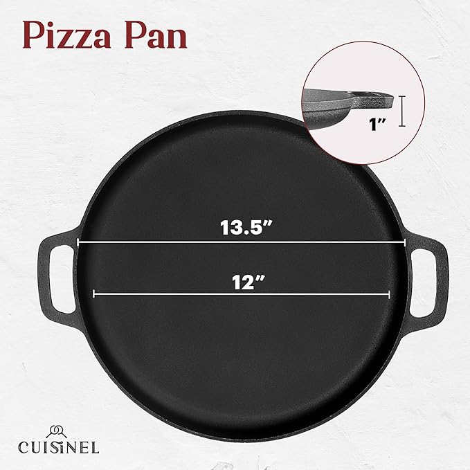Cuisinel Cast Iron Pizza Pan 13.5-Inch – Pre-Seasoned Round Baking Stone for Oven, Grill & Stovetop – Heavy-Duty Skillet Alternative for Crispy Crust Pizza, Flatbreads & Roasting