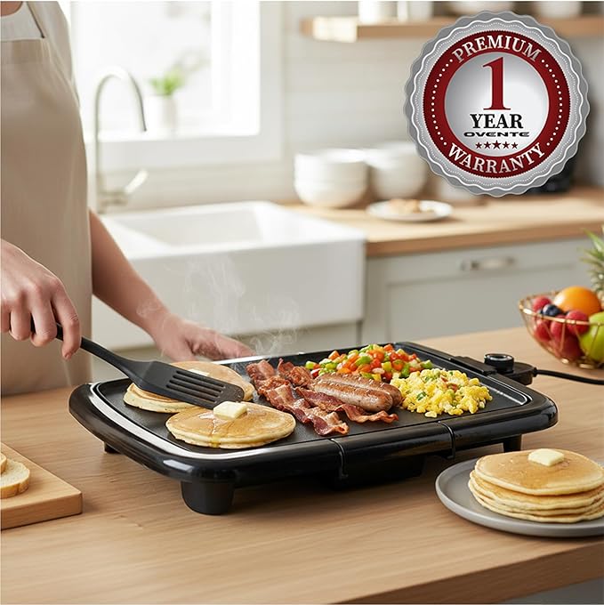 OVENTE Electric Griddle with 16 x 10 Inch Flat Non-Stick Cooking Surface, Removable and Adjustable Temperature Control, Indoor Grill for Instant Breakfast, Pancakes, Eggs or Burgers, Black GD1610B