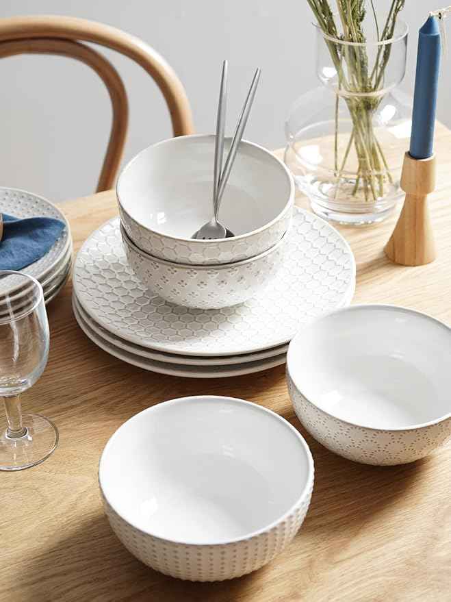 LE TAUCI Dinnerware Sets 12 PCS, Ceramic Plates and Bowls Set, Suit For Housewarming (10" Dinner Plate + 8" Salad Dish + 26 oz Cereal Bowl) x 4, Oven safe - Arctic White