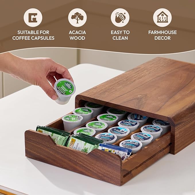 Solid Walnut Coffee Pod Organizer, 35-Capacity Coffee Drawer with Removable Dividers & Child-Safe Rounded Edges for Countertop