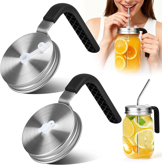 Palksky Mason Jar Lids with Straw Hole & Handle for Regular Mouth Jars, Leak-Resistant Drinking Lids with Extra Silicone Rings, Mason Jar Straw Lids for Iced Coffee, Lemonade, Juice (2 Pack)