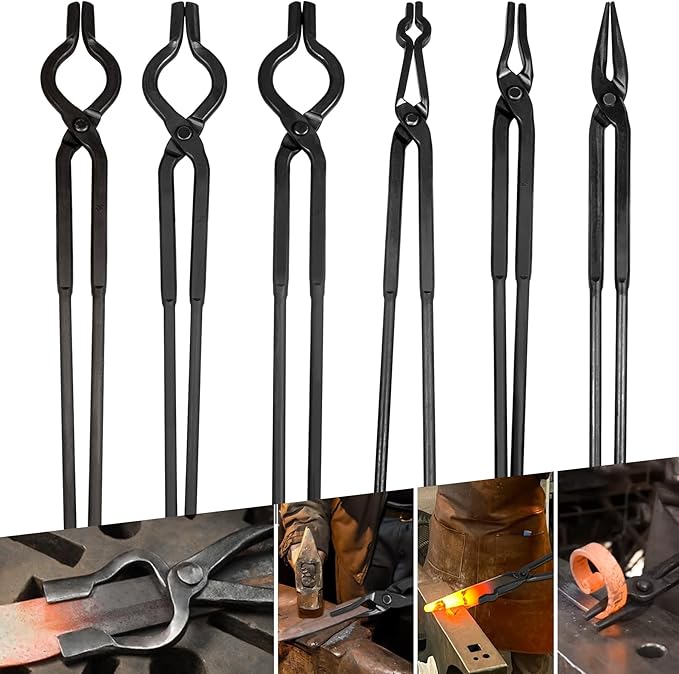 Blacksmith Knife Making Tongs Set - 3/8" 1/2" 5/8" V-Bit, 1/4 Flat Jaw, Pick Up, Scroll - Assembled Blacksmithing Bladesmith Steel Forge Tongs (6PCS)