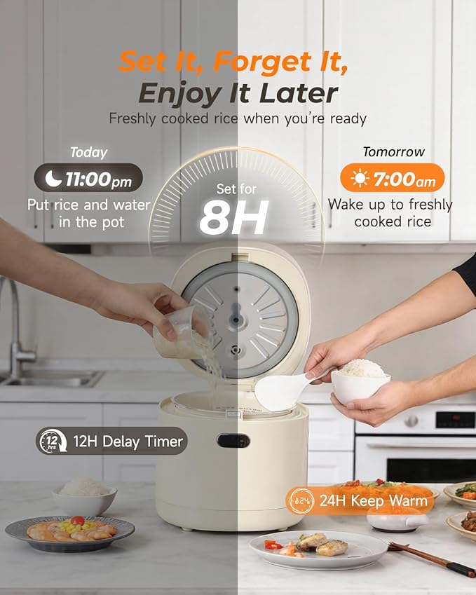 Feekaa Rice Cooker Small, 3-Cup Uncooked / 6-Cup Cooked, Compact Mini Rice Cooker Small Kitchen with Ceramic Coated Inner Pot, Rice Maker with 6 Menu Options, Low Temperature Cooking, 12H Delay Timer