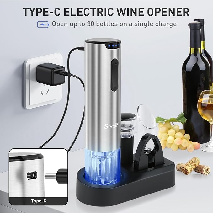 Secura Electric Wine Opener Set, Rechargeable Automatic Home Wine Bottle Opener Reusable Corkscrew with Foil Cutter, Vacuum Stoppers, Aerator Pourer Wine Set for Wine Lovers, Silver