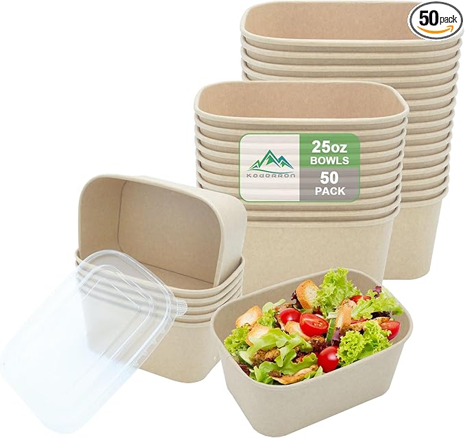 50 Pack 25 OZ Large Paper Bowls with Lids, Heavy Duty Disposable Compostable Container for Party, Disposable Bowls Bulk Soak-Proof and Microwave Safe for Hot/Cold Use