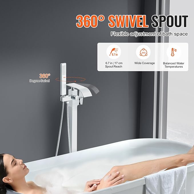 VEVOR Freestanding Bathtub Faucet, Floor Mount, Freestanding Tub Filler, Shower Mixer Taps, Two Water Modes, 360° Swivel Spout, for Bathing & Showering Pet Bathing Cleaning Drains Toilet Flushing