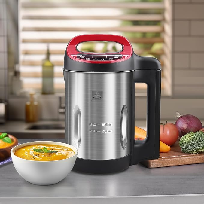 Soup Maker 1.6 L, 4-in-1 Multifunctional Smooth Soup and Chunky Soup Machine Maker with LCD Control Panel, Stainless Steel Electric Hot Soup Maker, 2-5 Servings, Smart Living for Home Use